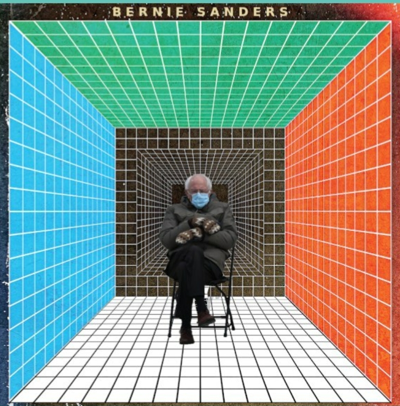 Cover of Writhing Squares' new album Chart for the Solution with Bernie Sanders sitting in a folding chair at the inauguration at the center